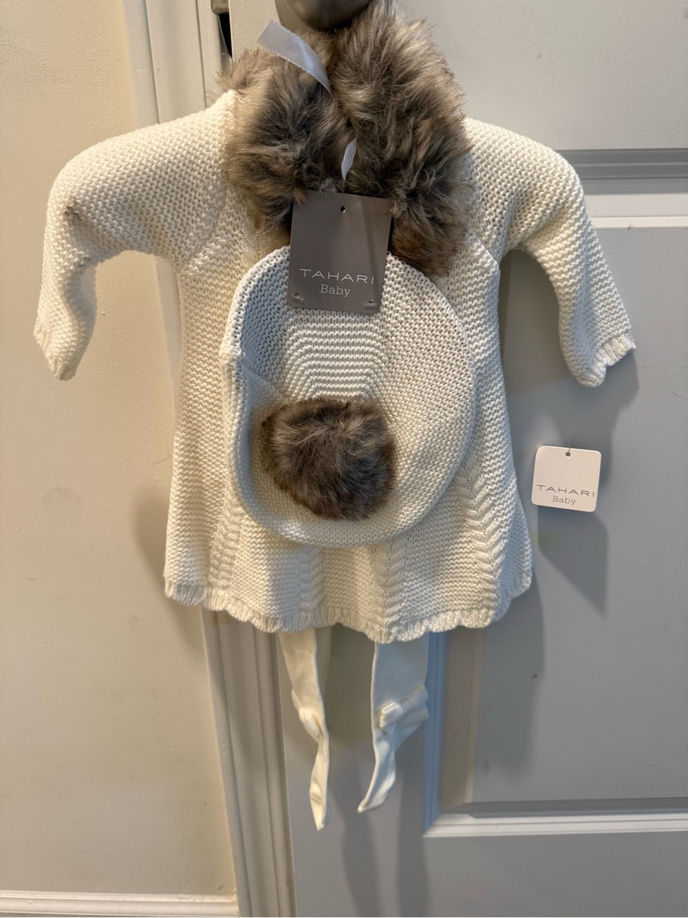 Tahari Baby Cream Knit Matching Set with Faux Fur Trim